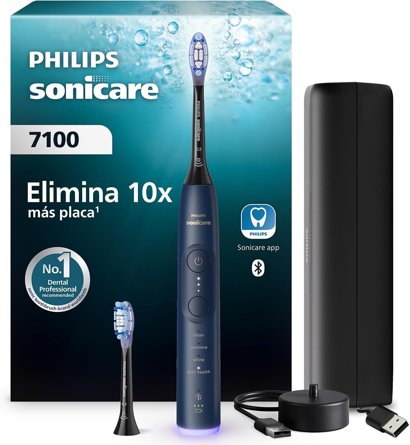 Philips Sonicare 7100 cepillo dental eléctrico, sónico, 4 modos de cepillado, 3 niveles de intensidad, alerta de presión, EasyStart, SmarTimer, azul marino, HX7423/01 [Nueva Tecnología]
