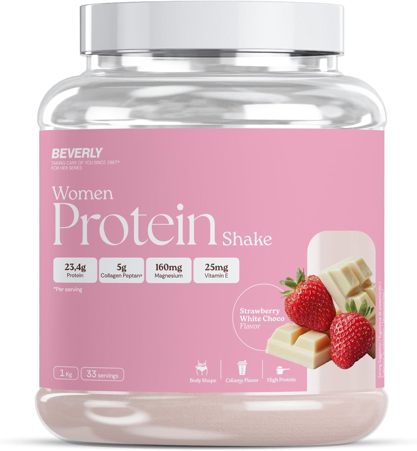 Beverly Women Protein - Proteína de suero especial mujer con colágeno marino, magnesio y vitamina E - 24 g de proteína por servicio - 33 servicios (1 Kg, Choco blanco fresa)