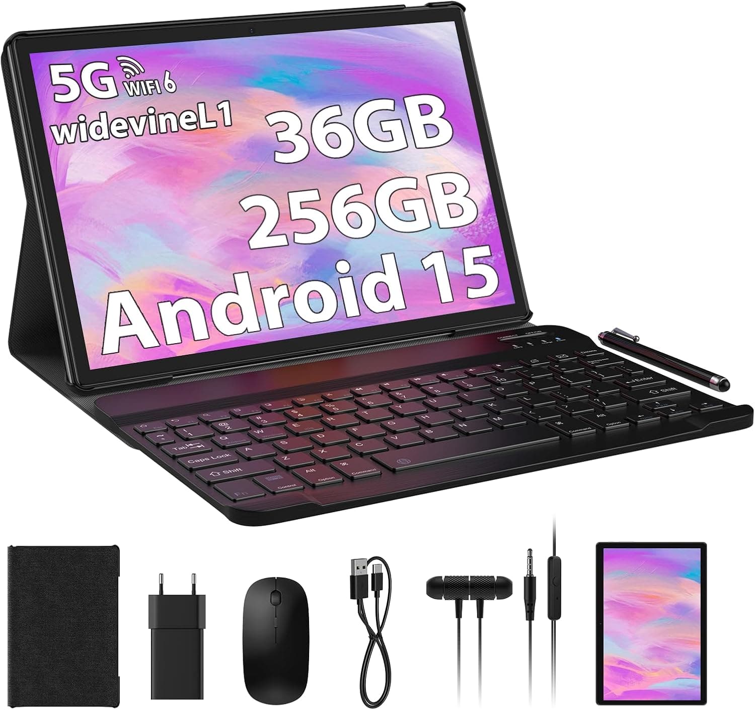 Tablet 10 Pulgadas Android 15 5G WiFi Tablet, 36GB RAM+256GB ROM(1TB Ampliable), Octa Core 2.0 GHz Tableta, 8000mAh, 5MP+8MP, FHD, WLAN, Bluetooth, GPS, Tablet con Teclado ect(Gris)