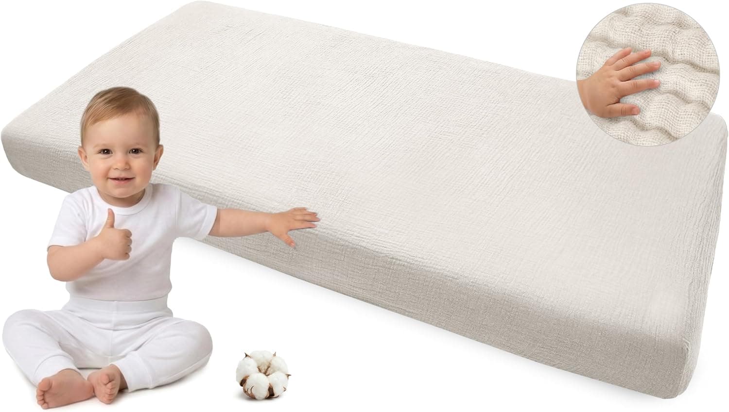Medi Partners Sabana Bajera Cuna 70x140-100% Algodon Muselina Sabanas de Algodón Bebe Ropa de Cama para Bebés Dormir Cuna Fitted Bed Sheet Protector(Beige)