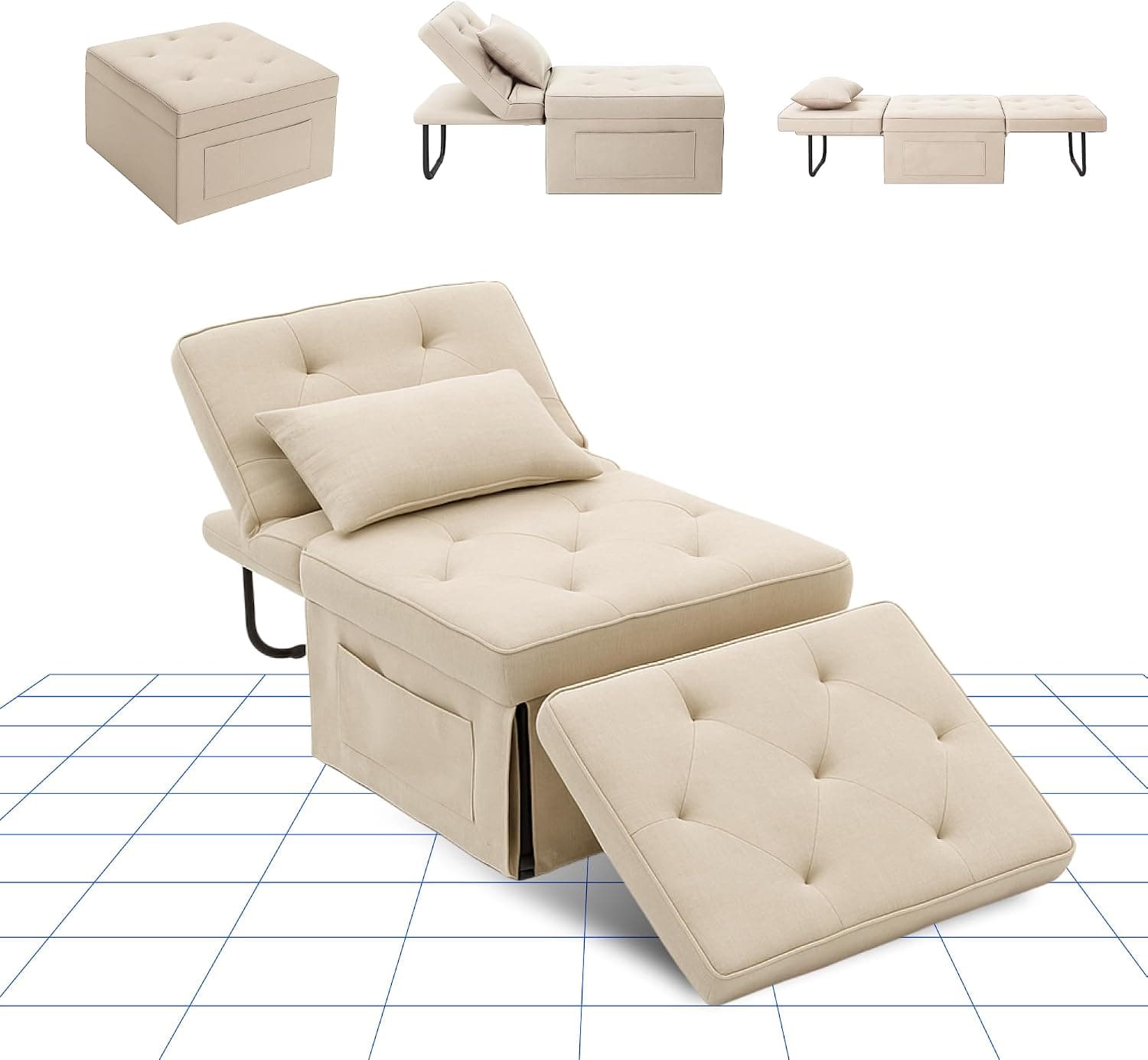 FLEXISPOT Sillón para Dormir Extensible Sillon para Dormir Plegable con función de Cama, Silla Camas con Función, Sofá Cama Convertible, Capacidad de Carga hasta 300 kg, Beige
