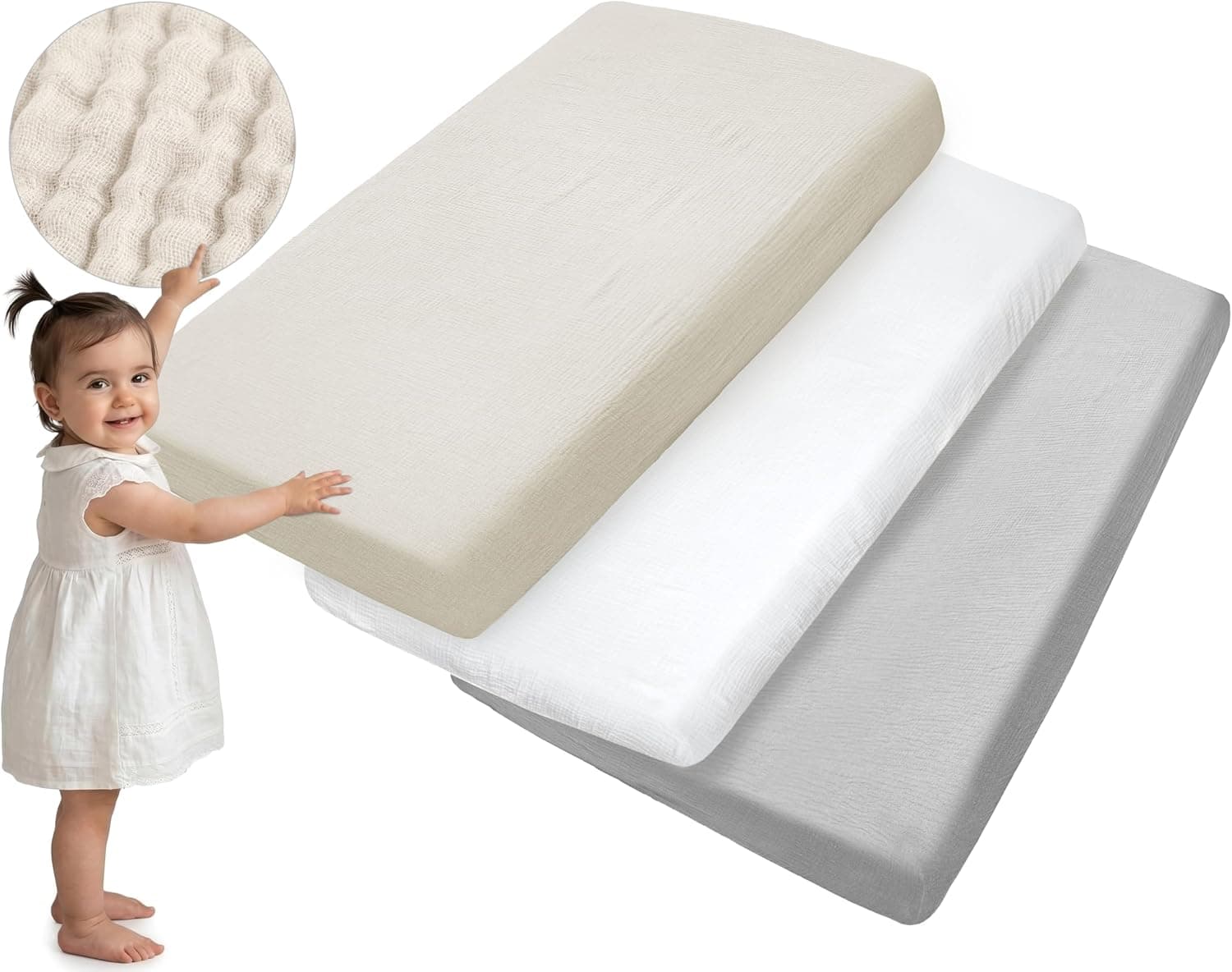 Medi Partners Sabana Bajera Cuna 70x140 Set de 3-100% Algodon Sabanas de Algodón Muselina Bebe Ropa de Cama para Bebés Dormir Cuna Fitted Bed Sheet Protector(Beige-Blanco-Gris)