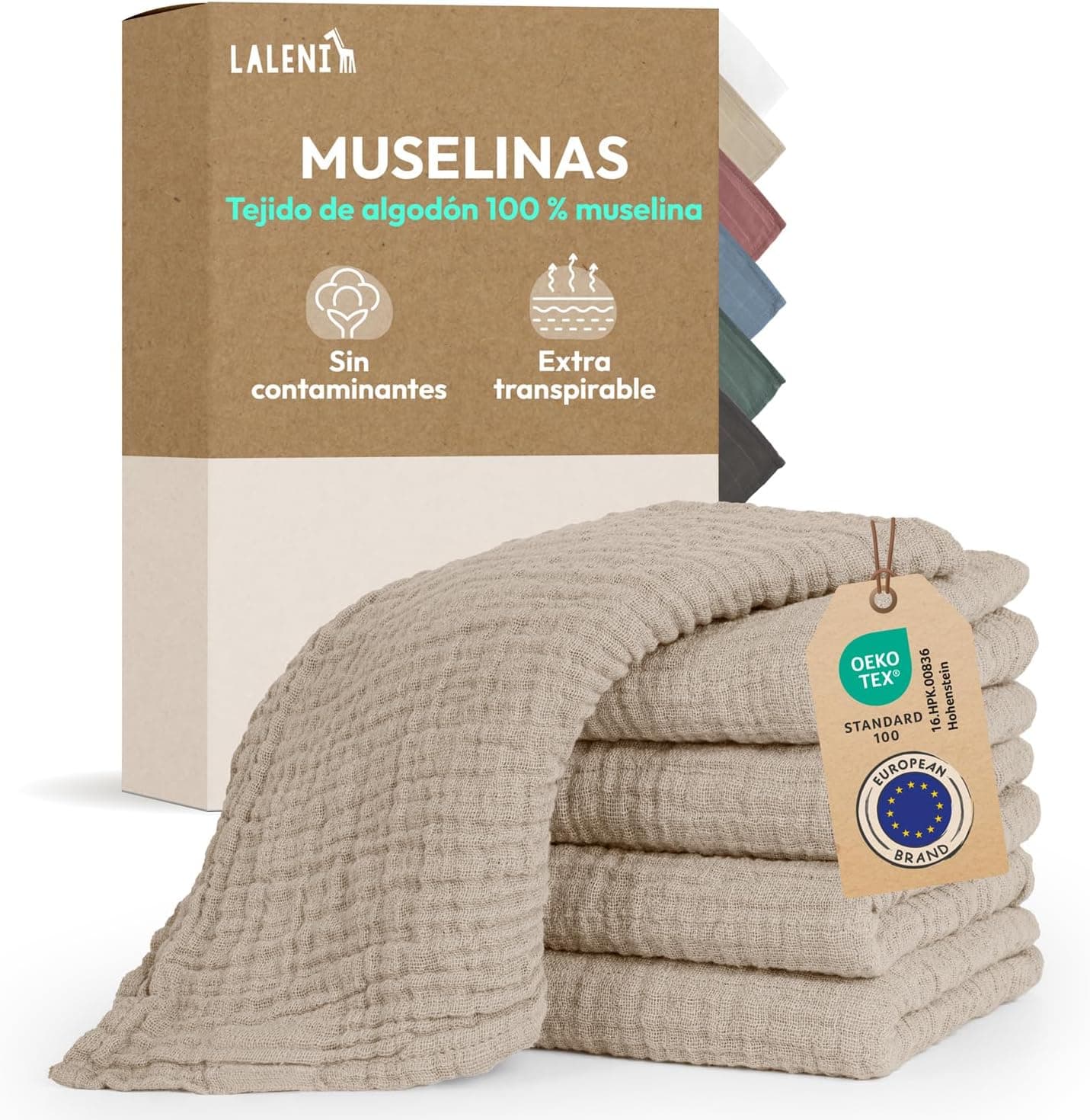 Laleni muselinas bebé algodón 70x70cm 5 uds - gasas para bebés para Piel Sensible - Ideal como Toalla bebé recién Nacido Supersuave y Absorbente - pañales de Muselina - Muselina algodón bebé en Beige