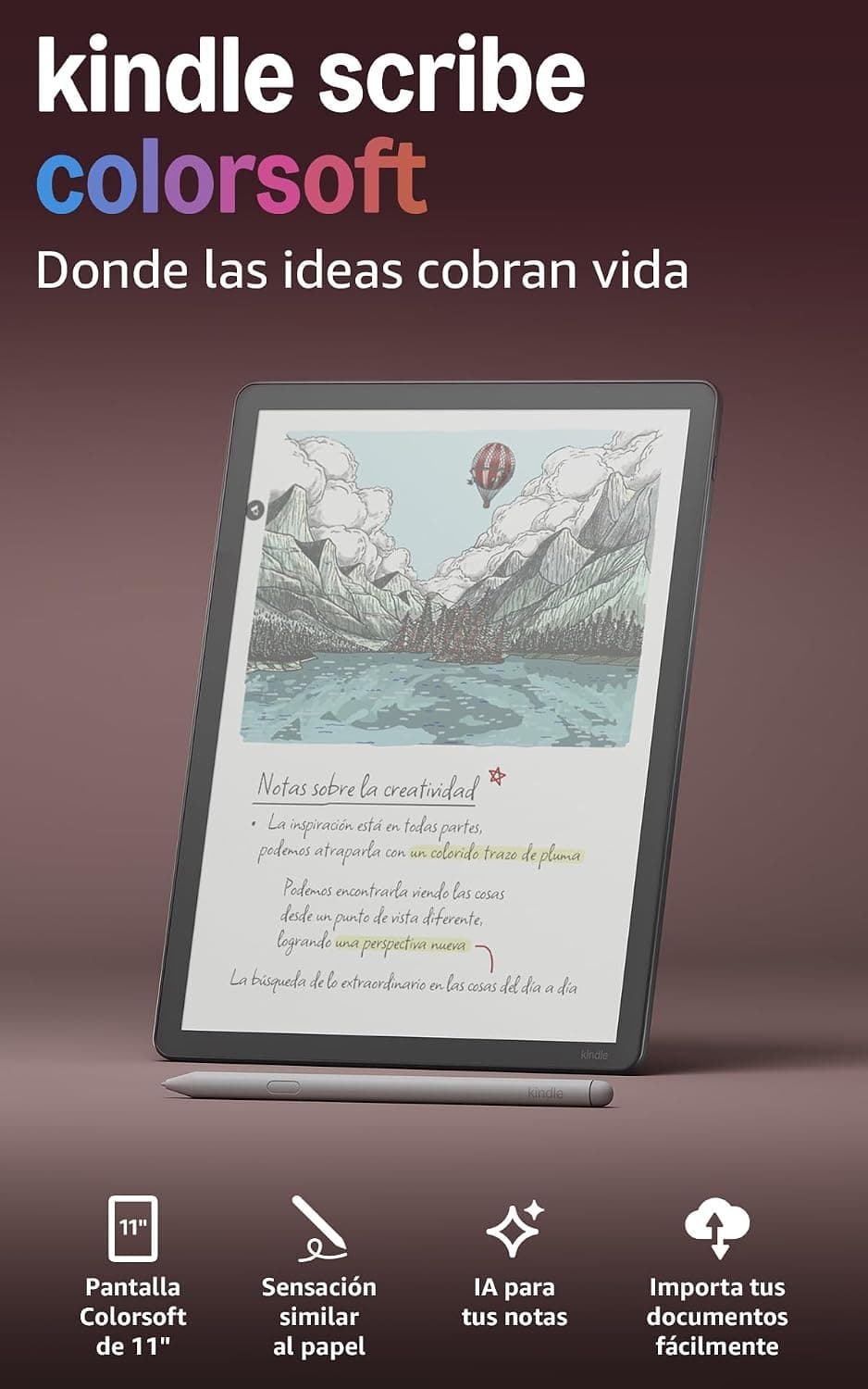 Amazon Kindle Scribe Colorsoft (última gen.): fino, ligero y rápido, con pantalla a color de 11" similar al papel y luz frontal; escribe en cuadernos integrados, documentos y libros (64 GB, grafito)
