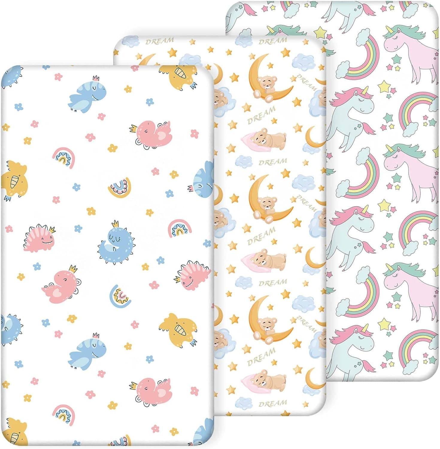 Aolso Sábana Minicuna 3pcs 60x120cm, Ajustable con Elástico para Colchón, Se Adapta para Niños y Niñas, Suave Transpirable Poliéster Sábanas Capazo Carrito Bebe Infantiles, Oso/Dinosaurio/Unicornio
