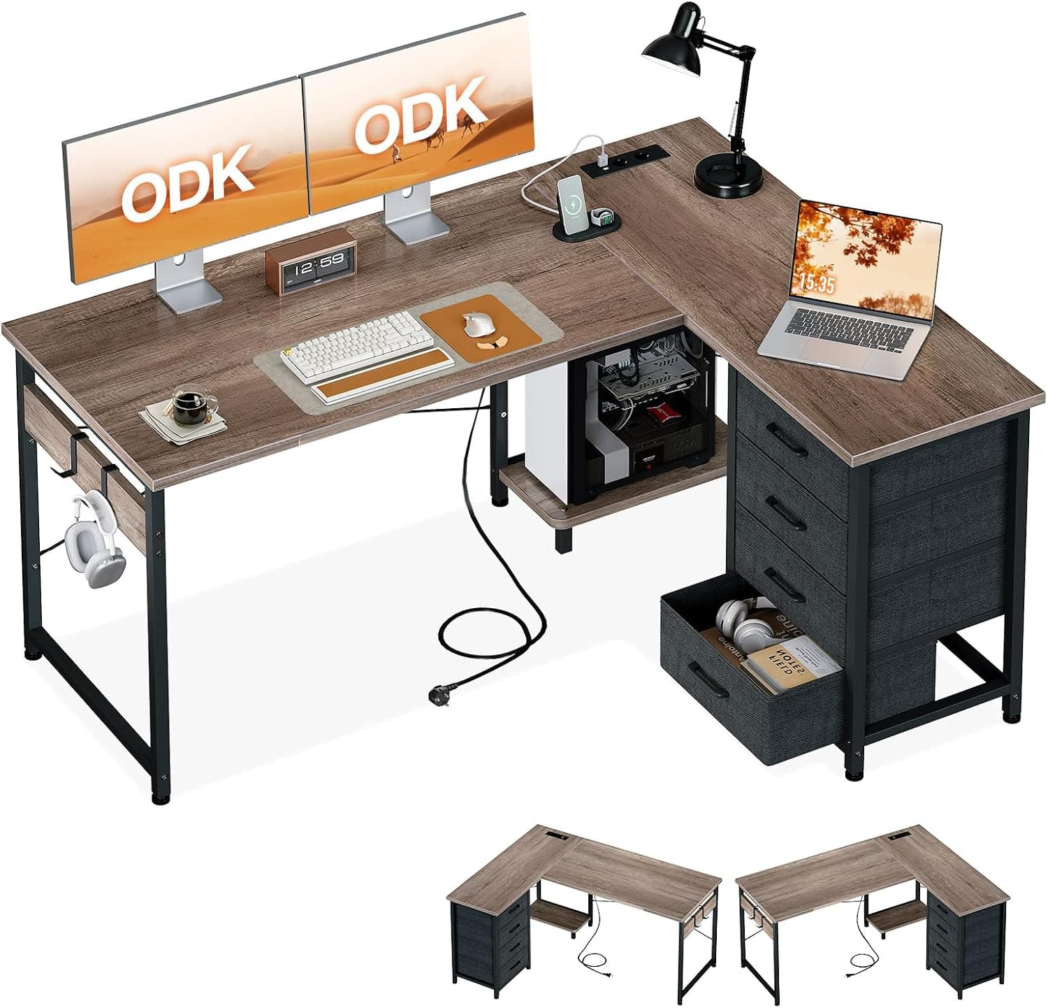 ODK Escritorio Esquinero con 4 Cajones de Tela, 135x100cm, Roble Gris