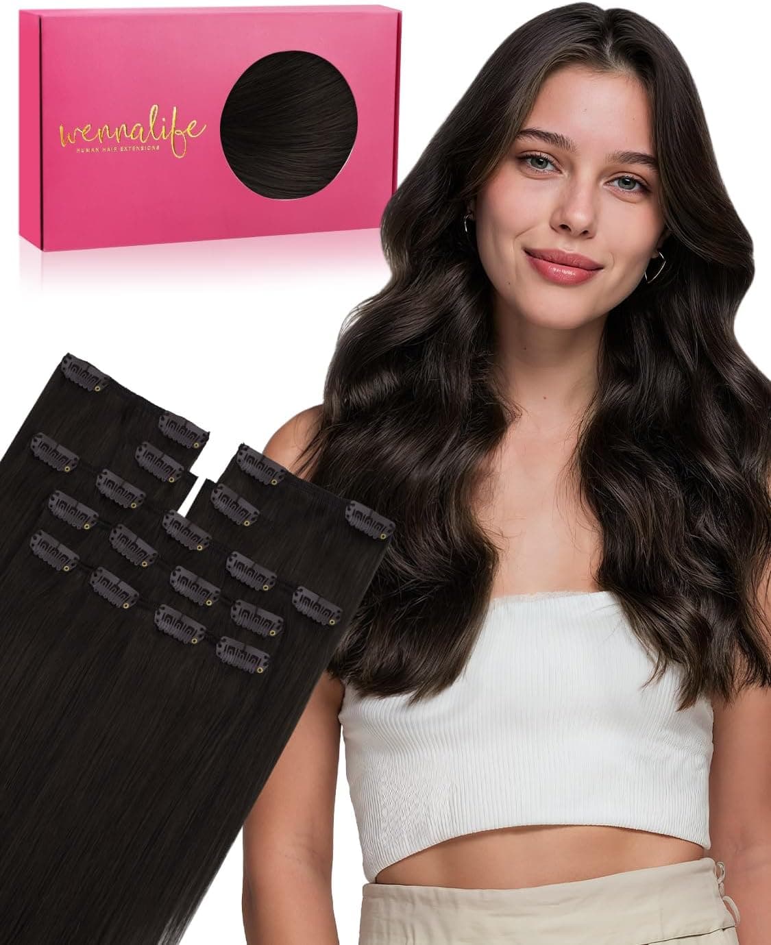 WENNALIFE Extensiones de clip de pelo real, extensiones de pelo natural en Remy, extensiones de pelo natural, 55 g y 7 unidades de 25 cm, #2 marrón oscuro