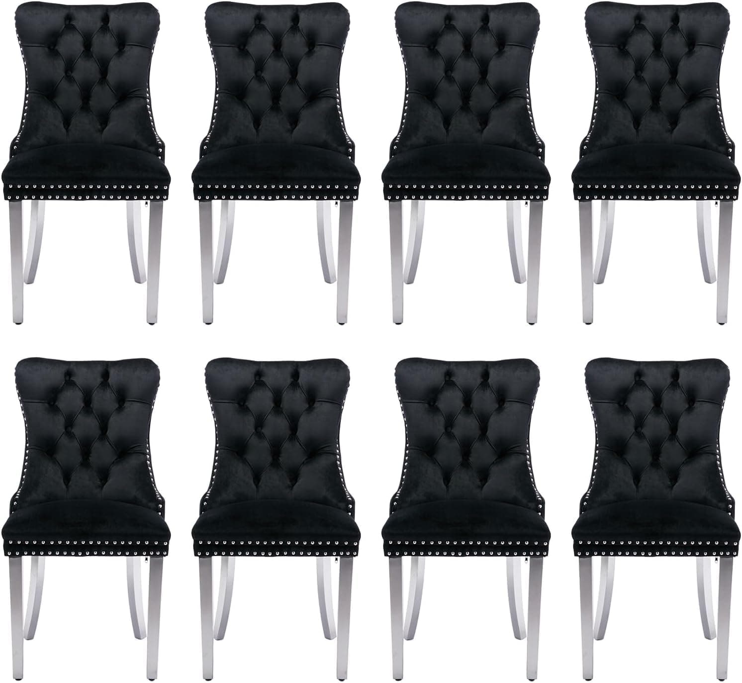 Sillas Comedor Terciopelo Negro, Patas Plateadas, Juego 8
