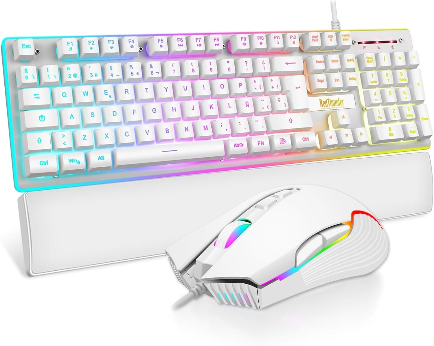 RedThunder K10 Juego 3 en 1 de Teclado, Ratón y Reposamuñecas de Cuero, Retroiluminación RGB+Tacto Mecánico, Teclas Anti-Ghosting + Ratón 7D 7200DPI, Layout Español, Compatible con PC/PS5/Xbox Blanco