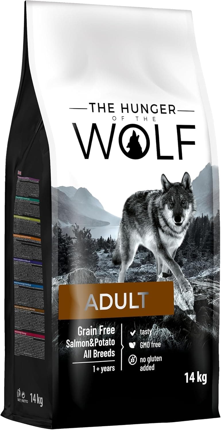 The Hunger of Wolf Alimento seco para perros adultos y perros alérgicos, fórmula delicada sin cereales con salmón y patatas- 14 kg