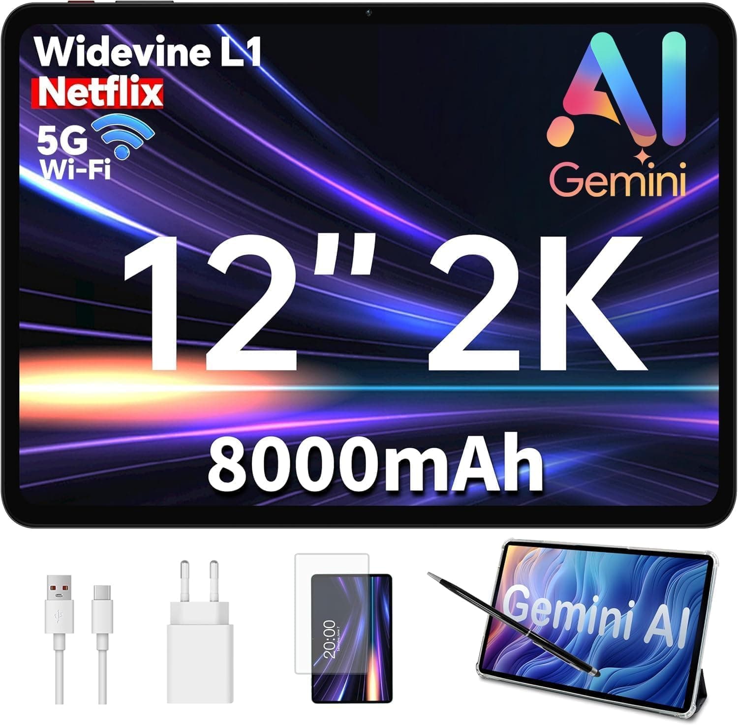 ODEA A12 Tablet 12", 2K, 8000 mAh, Android 15, Tablet con Lápiz y Funda