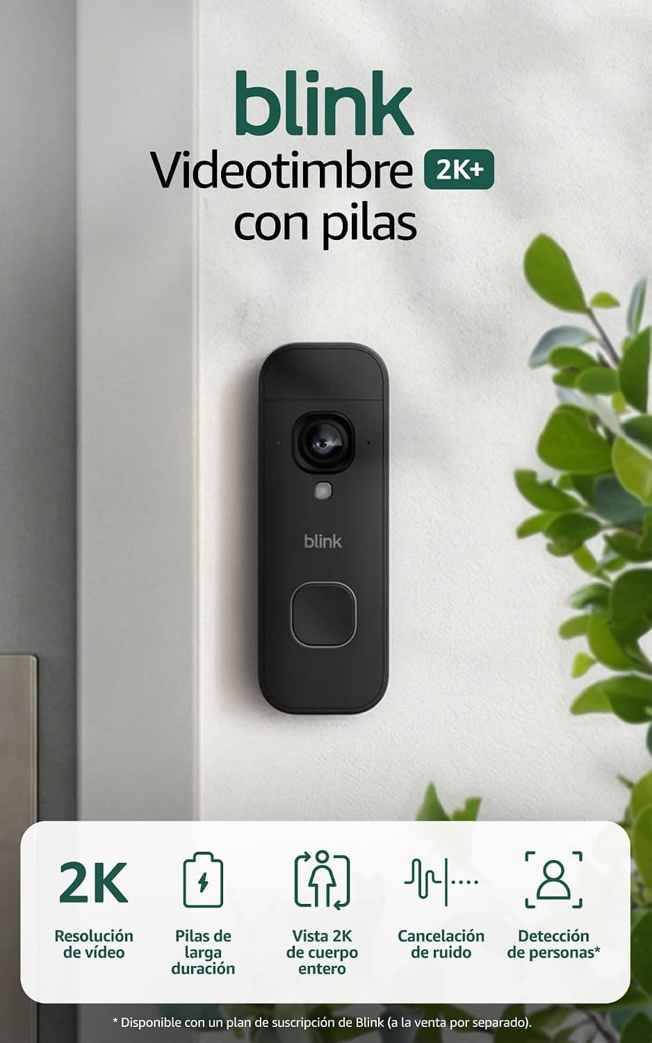 Blink Videotimbre 2K+ con pilas (últ. generación) | Vista de cuerpo entero | Audio mejorado | IP65 | Pilas de larga duración | Instalación sencilla | Módulo de sincronización no incluido (negro)