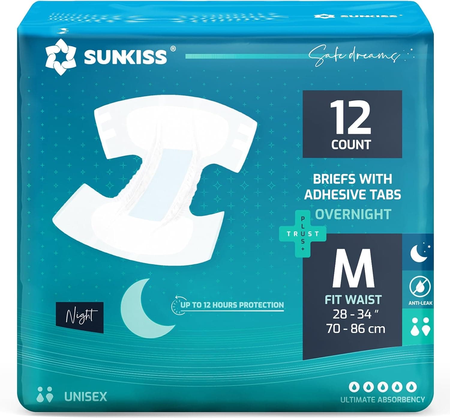 SUNKISS Pañales para Adultos Nocturnos Unisex M, 12 Uds