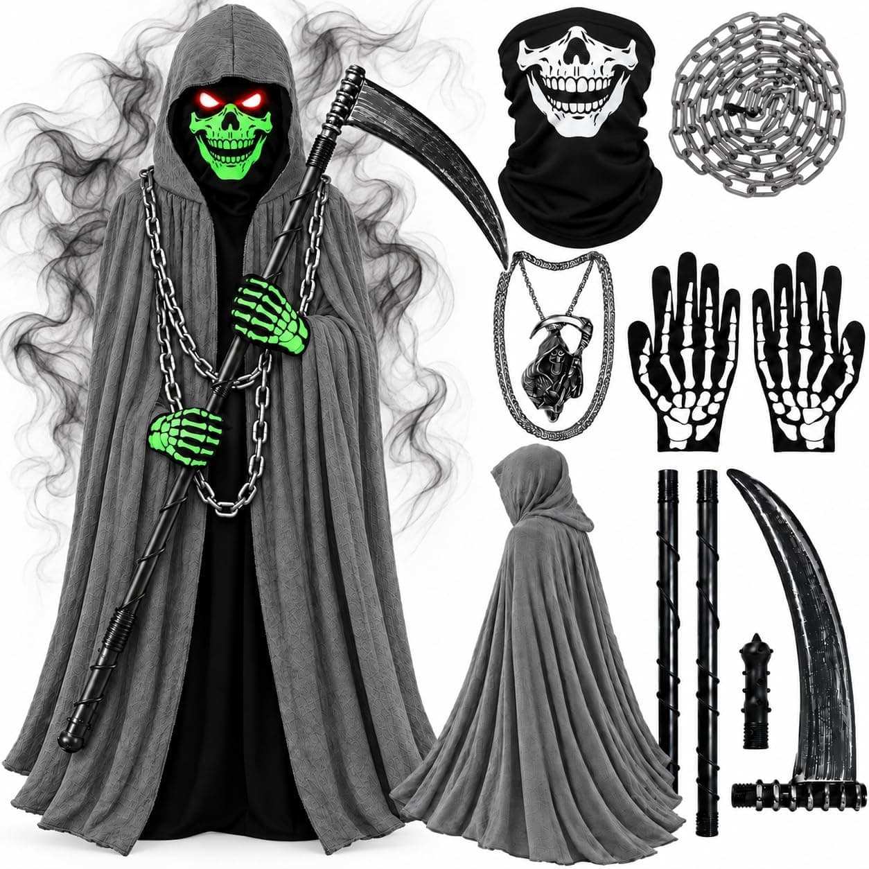 Disfraz Halloween Niño, Disfraz Muerte Niño con Capa con Capucha, Máscara de Calavera, Guantes de Esqueleto y Guadaña – Disfraces Halloween Niño de 6 a 12 Años para Truco o Trato y Carnaval