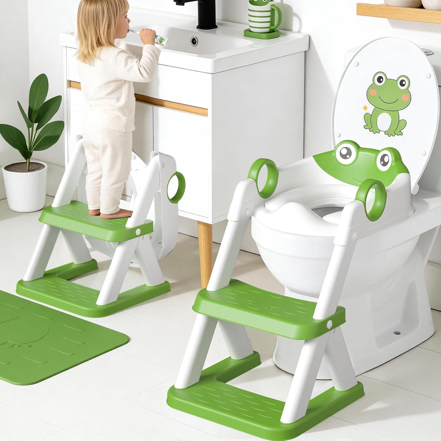 COOSEYA Frog Reductor WC Niños, Baby Plegable Baño Adaptador Wc Niños, Ajustable Entrenamiento Escalera Mejorado 2 en 1, Alfombrilla Impermeable y Escalón Antideslizante