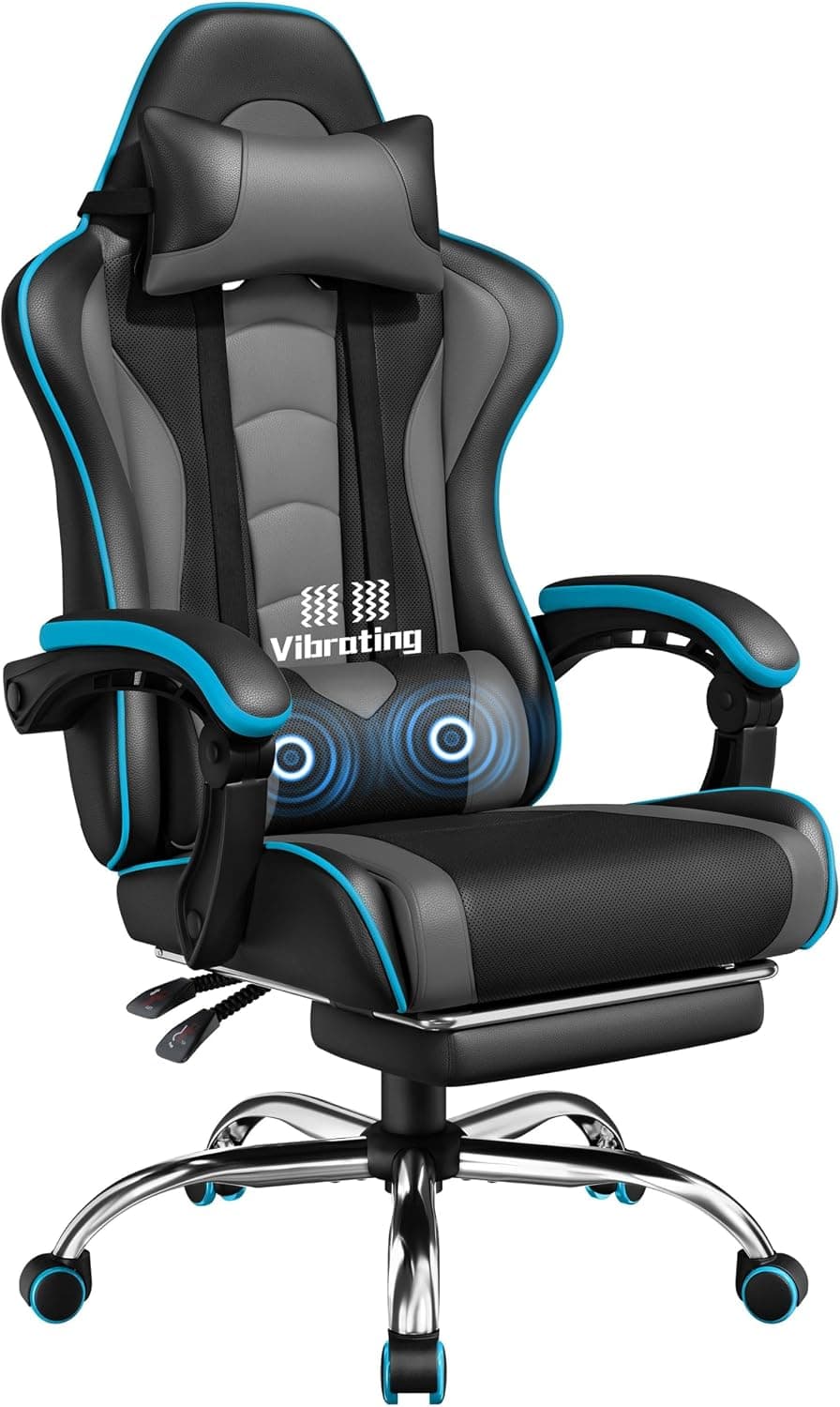 Yaheetech Silla Gaming con Masajeador Silla Oficina con Reposapiés Gris