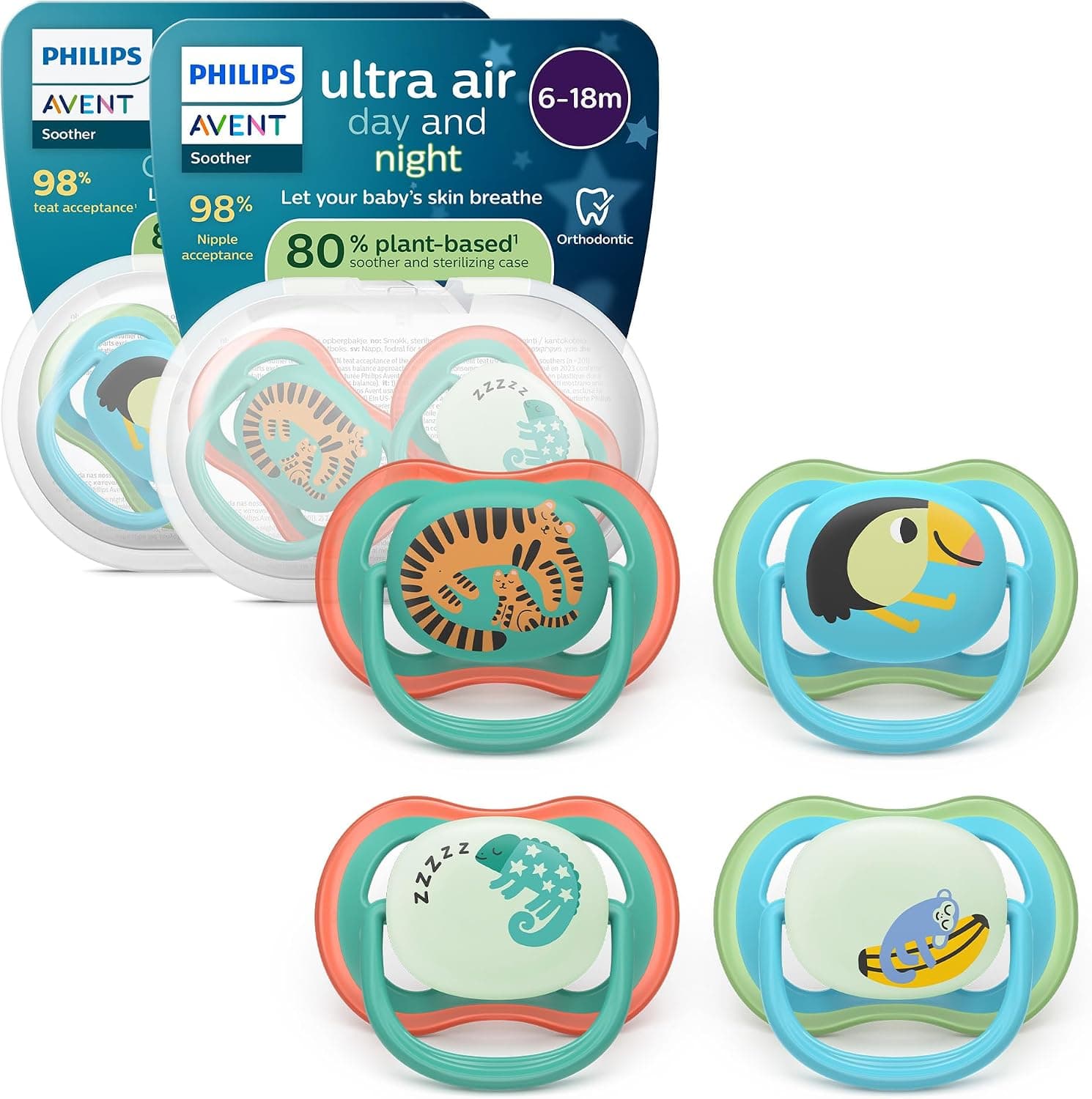 Philips Avent chupetes ultra air para día y noche: diseño anatómico, para bebés de 6 a 18 meses, modelo que brilla en la oscuridad, tetina simétrica de silicona suave, sin BPA, paquete de 4,SCF087/27