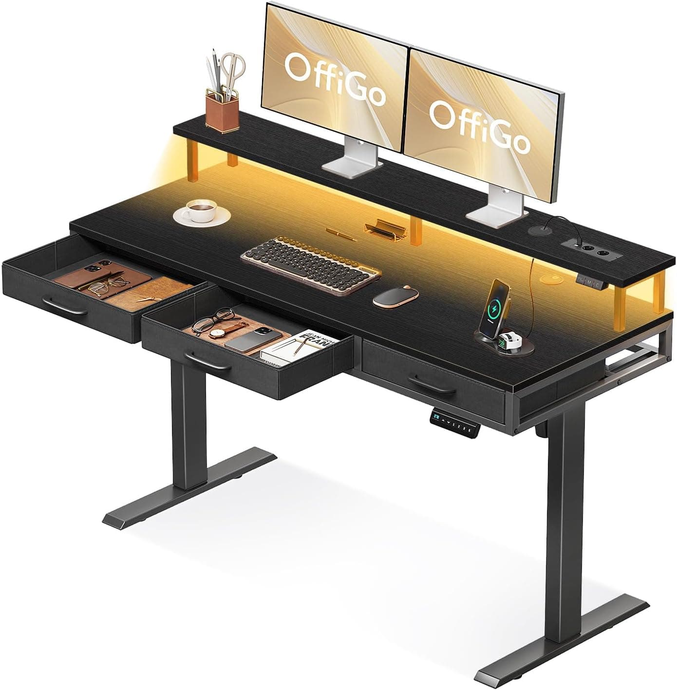 OffiGo Mesa Elevable Escritorio con 3 Cajones, 140cm Mesa Gaming, Negro