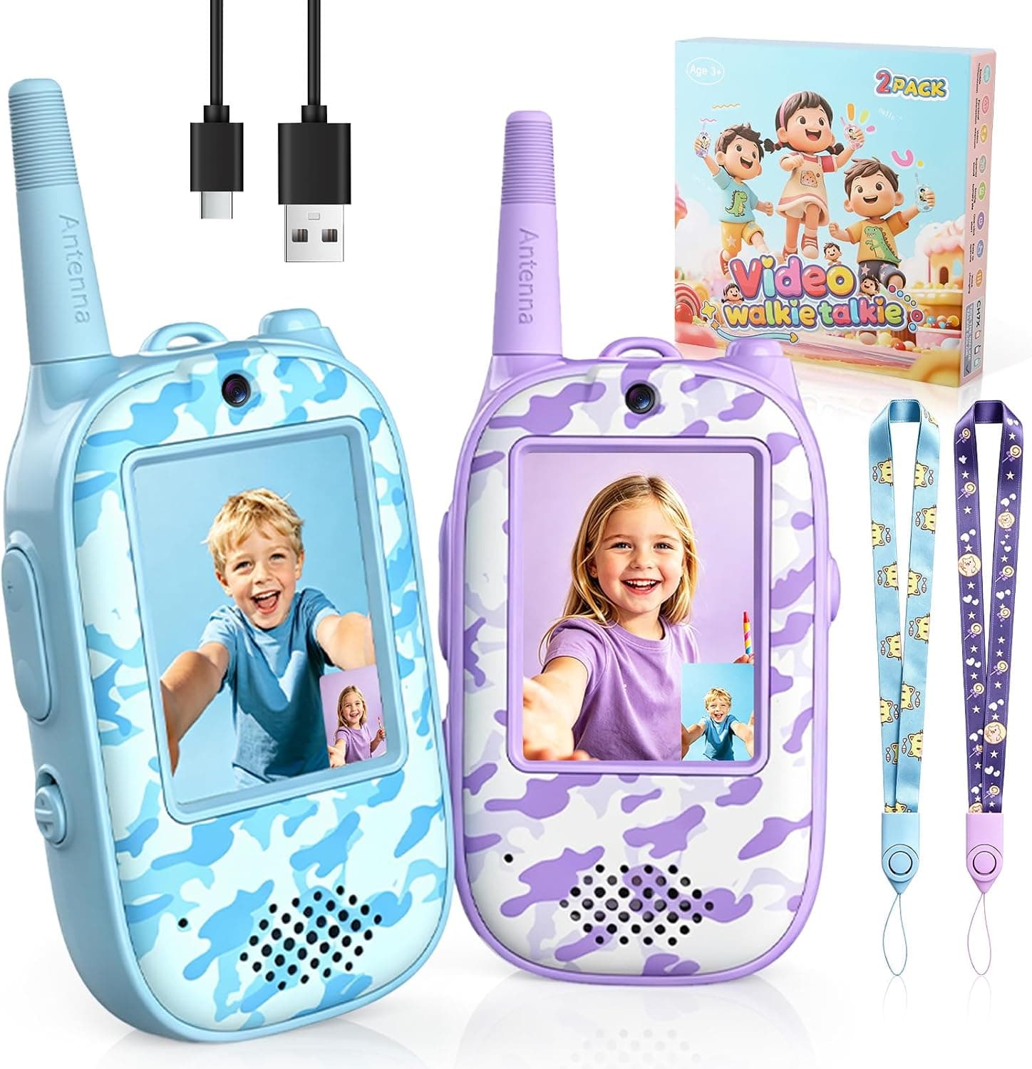 JUAUO Walkie Talkie Niños, Walkie Talkie Vídeo Recargable 3‑10 Años, Juguetes Niños de 5 6 7 8 Años, Regalos de Cumpleaños y Juegos Exterior Niños, Dentro de Casa, En el Jardín, Azul Violeta