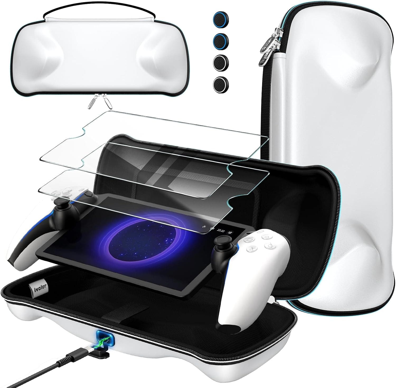 ivoler Funda con [Agujero de Carga] Compatible con PlayStation Portal Remote Player, Incluye 2 Piezas de Cristal Templado, Funda Protectora rígida de Viaje para Consola PS Portal y Accesorios, Blanca