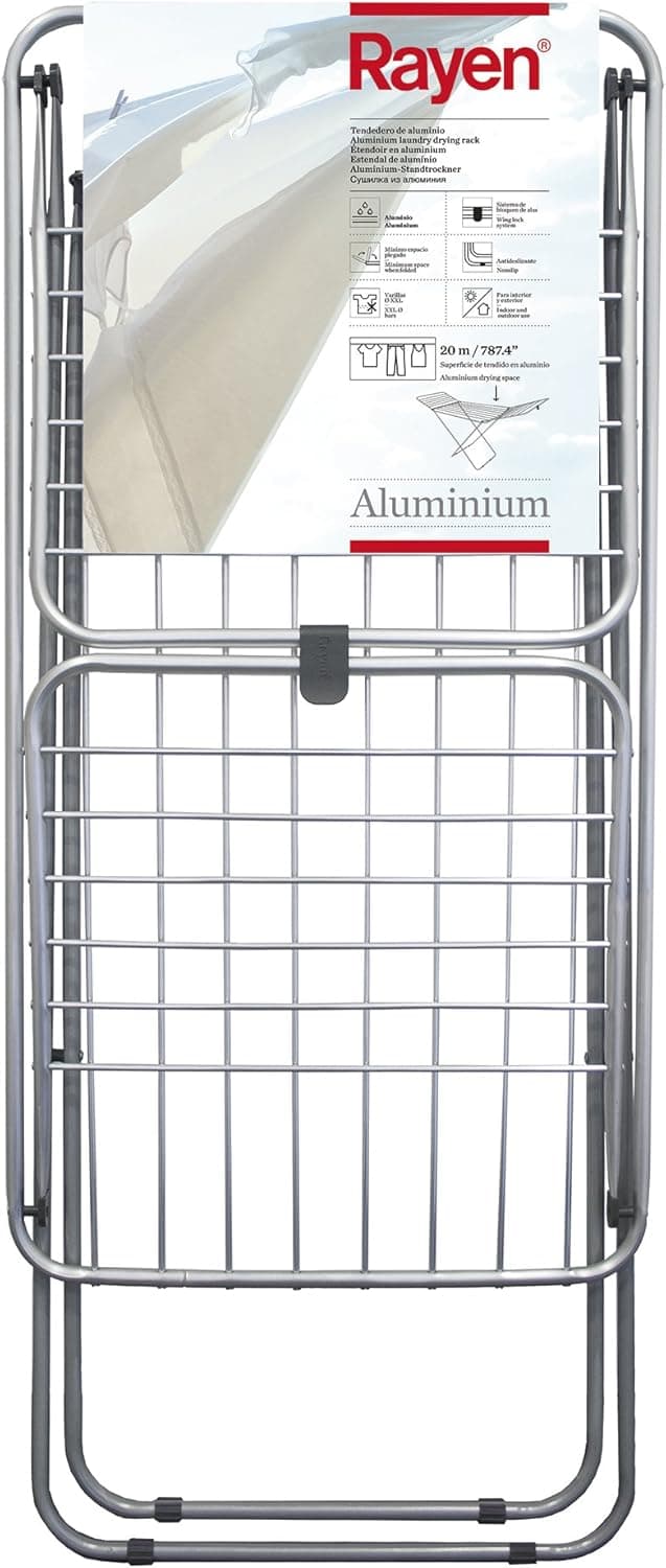 Rayen - Tendedero de Aluminio, con Superficie de 20 Metros, Sistema de Bloque de alas, Tendedero Plegable y Antideslizante, con Varillas XXL, para Interior y Exterior, Color Acero, 177 x 55 x 92 cm