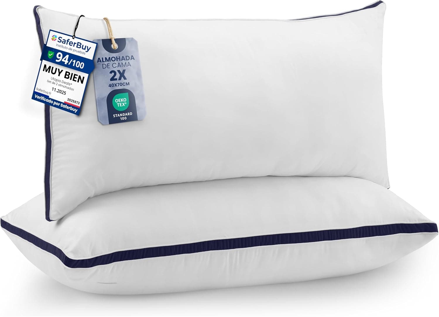 Utopia Bedding Almohada 40 x 70 cm Pack de 2, Microfibra, Azul Marino