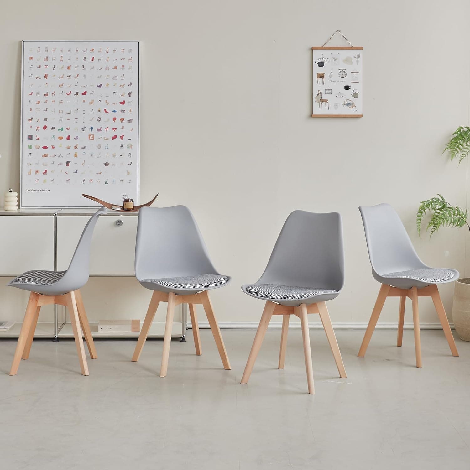 Juego de 4 sillas de comedor escandinavas, modernas sillas de cocina con cojín de tela, sillas adicionales de lino con patas de haya, color gris - tela