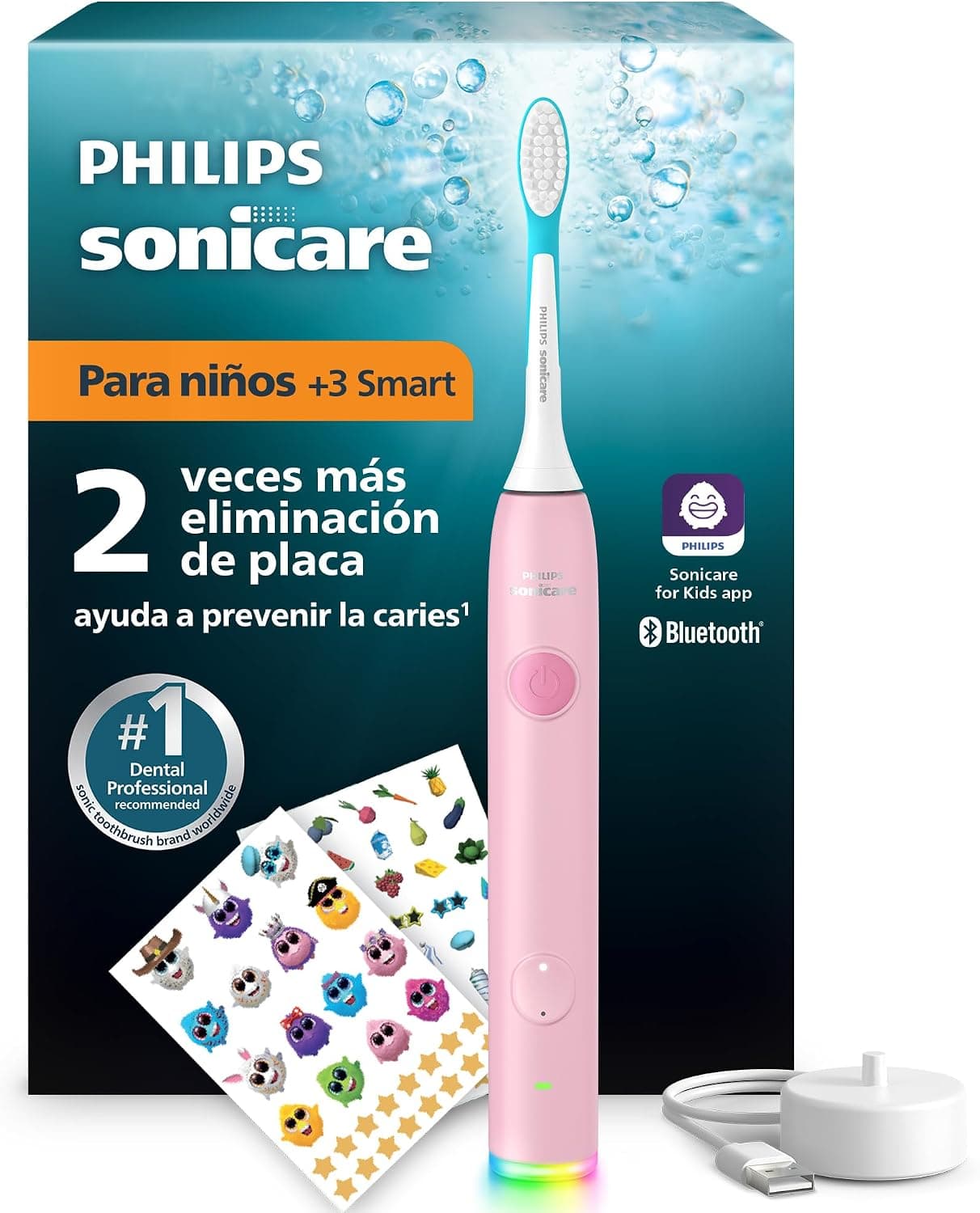 Philips Sonicare for Kids Cepillo eléctrico para niños - Cepillo de dientes sónico con app, a partir de 3 años, 2 modos suaves, temporizador de 2 minutos, 2 cabezales (estándar/mini), rosa, HX6600/11