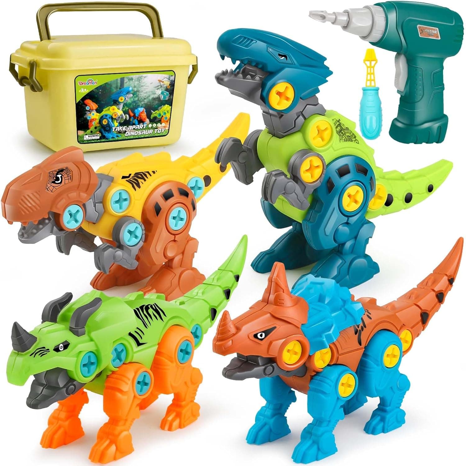 Dreamon Dinosaurios Juguetes para Niños 3 4 5 6 7 Años con Caja de Almacenamiento Taladro Eléctrico Construccion Juguete Dducativos Regalos para Niños Niñas