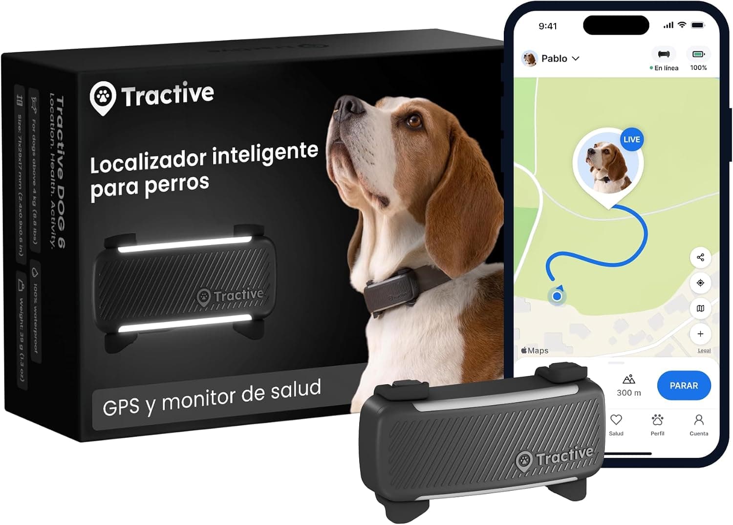 Tractive - GPS perros | 2025 Edición | N.º 1 del mercado | Localización en tiempo real | Alertas antifuga | Monitor de actividad | Avisos de salud | Seguimiento de ladridos (Negro)