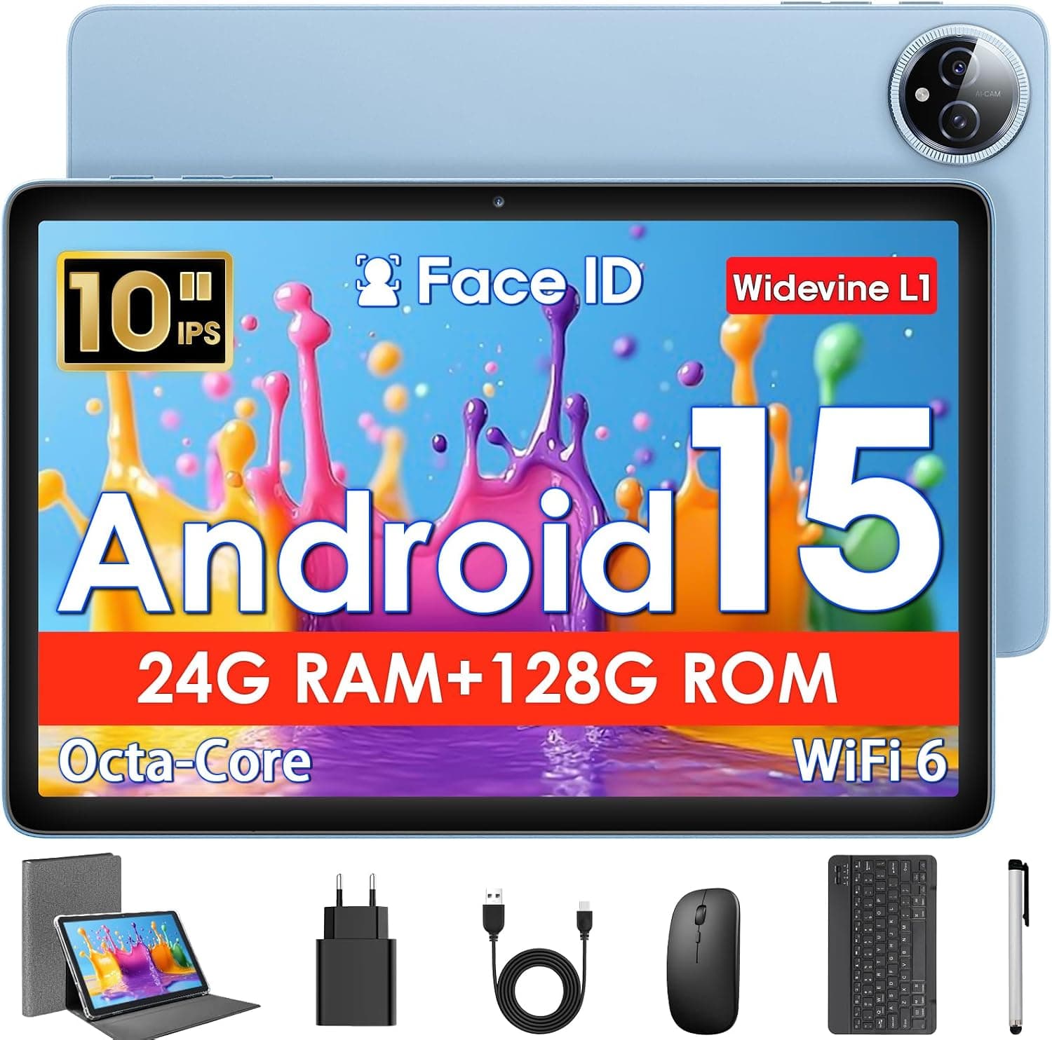 Tablet 10 Pulgadas, Tableta Android 15 con Funda, Ratón & Teclado, Octa-Core, 24 GB RAM + 128 GB ROM + 1 TB TF, Pantalla IPS HD 1280x800, Cámara Dual, 6000 mAh, WiFi 6, BT 5.0, Widevine L1, GPS (Azul)
