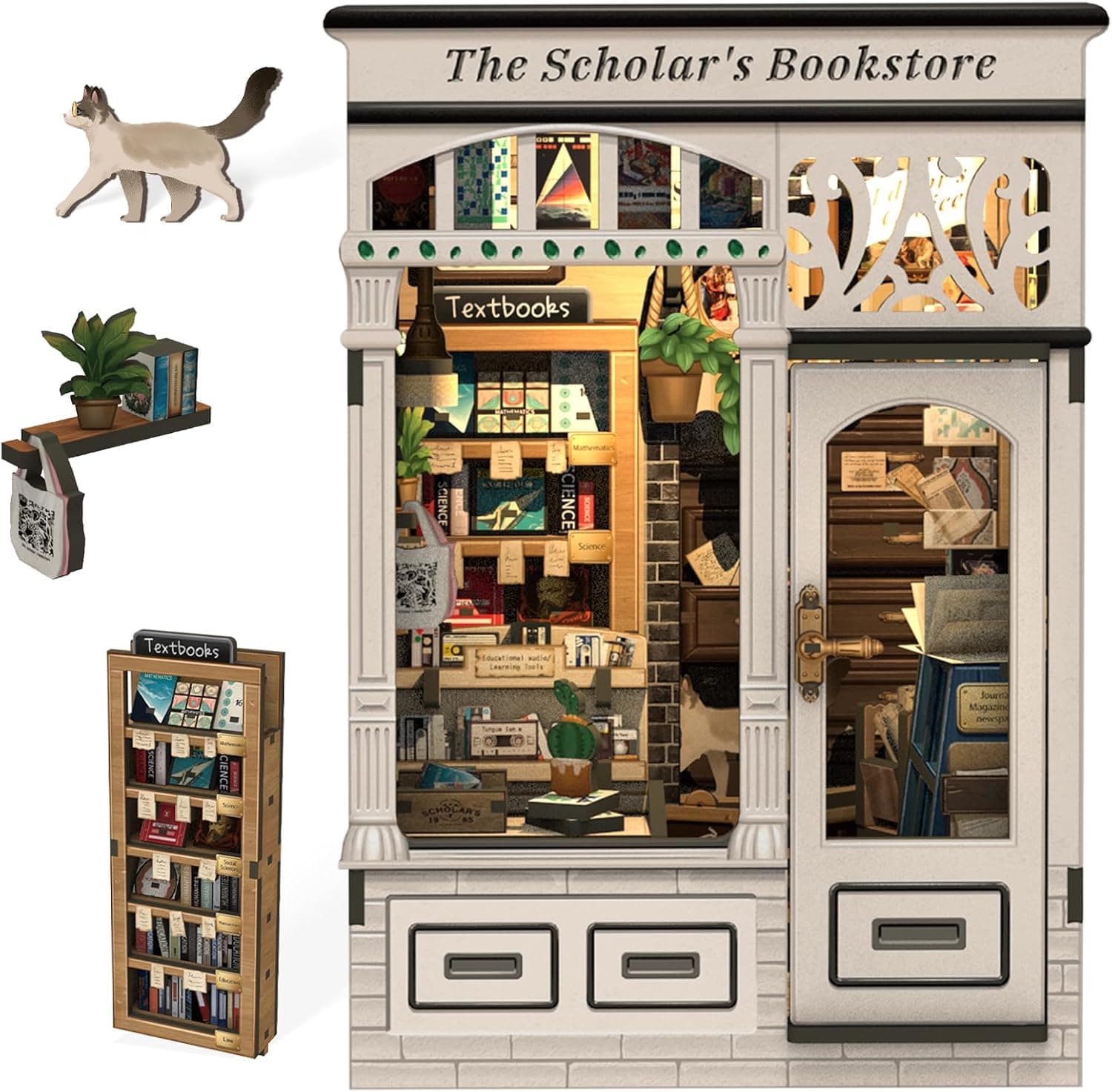 Cutefun Book Nook Kit, DIY Miniatura Dollhouse Kit, Puzzle de Madera 3D con iluminación LED para Adolescentes y Adultos (Scholar's Bookstore)