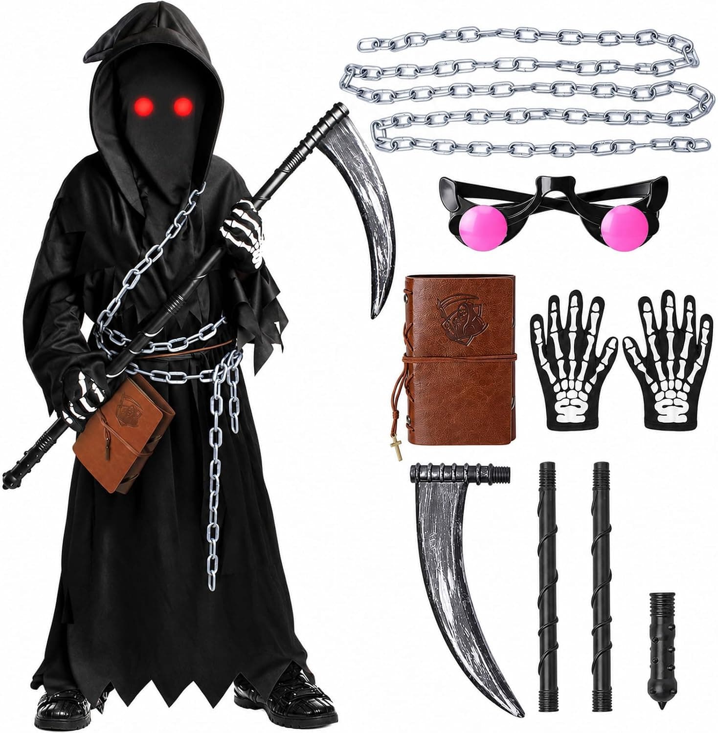 Disfraz Muerte Niño, Disfraces Halloween Niños con Guadaña, Gafas LED Rojas y Guantes de Esqueleto – Disfraz de la Muerte Niño para Fiesta y Carnaval
