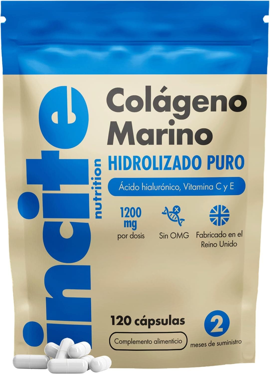Incite Nutrition Colágeno Marino con Ácido Hialurónico Cápsulas, Colágeno Hidrolizado Puro Tipo 1, 1200 mg con Vitaminas C, E, B12, Zinc, Cobre y Yodo, 120 Cápsulas