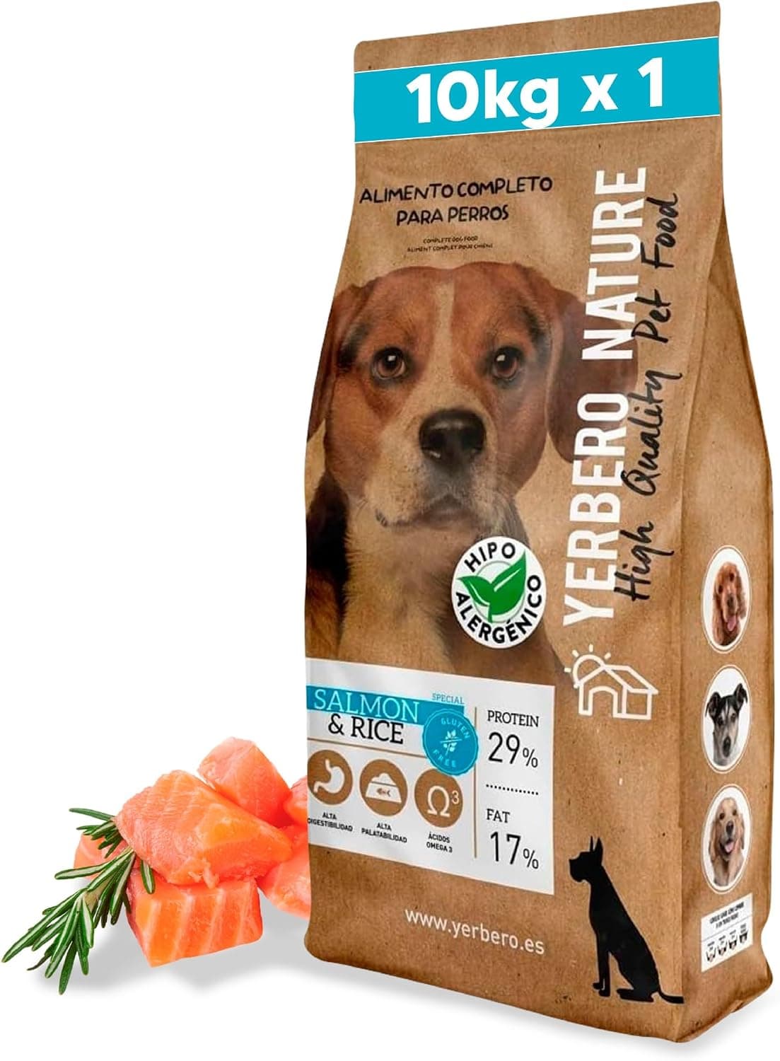 Yerbero Nature Salmon & Rice, Pienso para Perros sin Gluten con Salmón,Pienso Hipoalergénico para Perros con Alta Digestibilidad con Omega 3 para Pelo Brillante (Salmón y arroz) 10kg