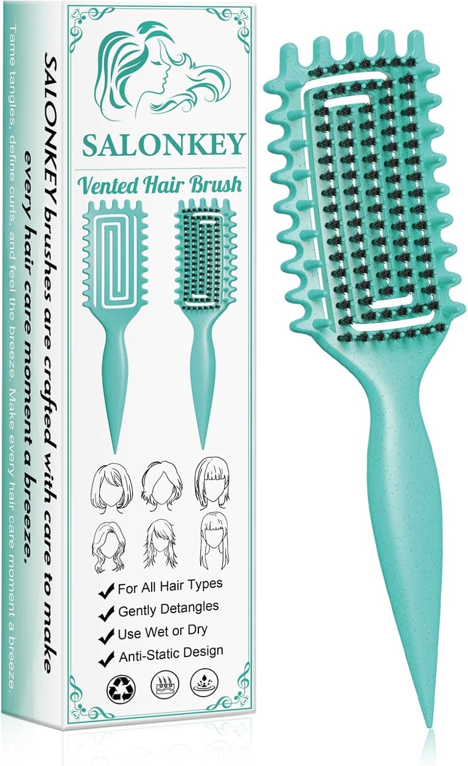 Cepillo rizador para rizos, desenredar suavemente y peinar sin tirones - Mango ergonómico, antiestático, adecuado para hombres, mujeres y niños, también como cepillo para el pelo (verde)
