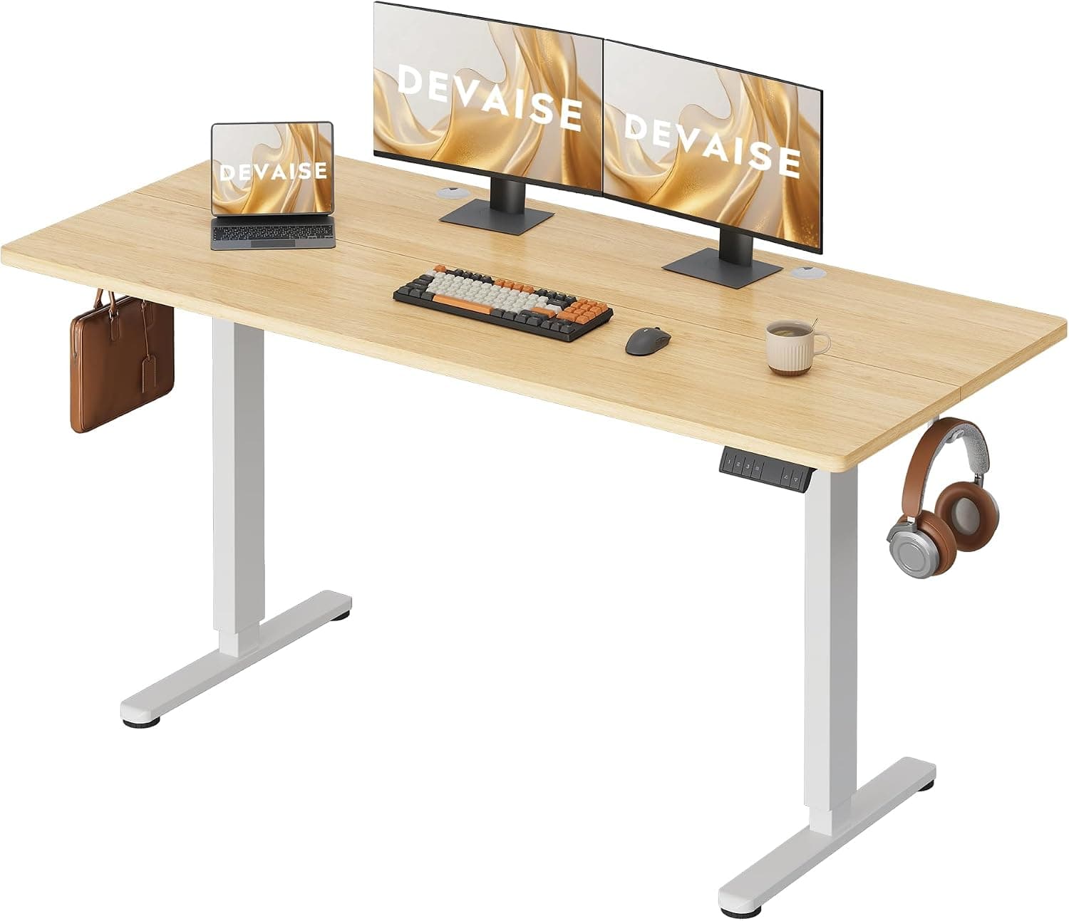 DEVAISE Escritorio Elevable Eléctrico,Mesa Regulable Rltura 160 x 70cm con 3 Memorias,Mesa de Oficina con Panel Inteligente en Casa con Tablero Ensamblado, Roble Natural