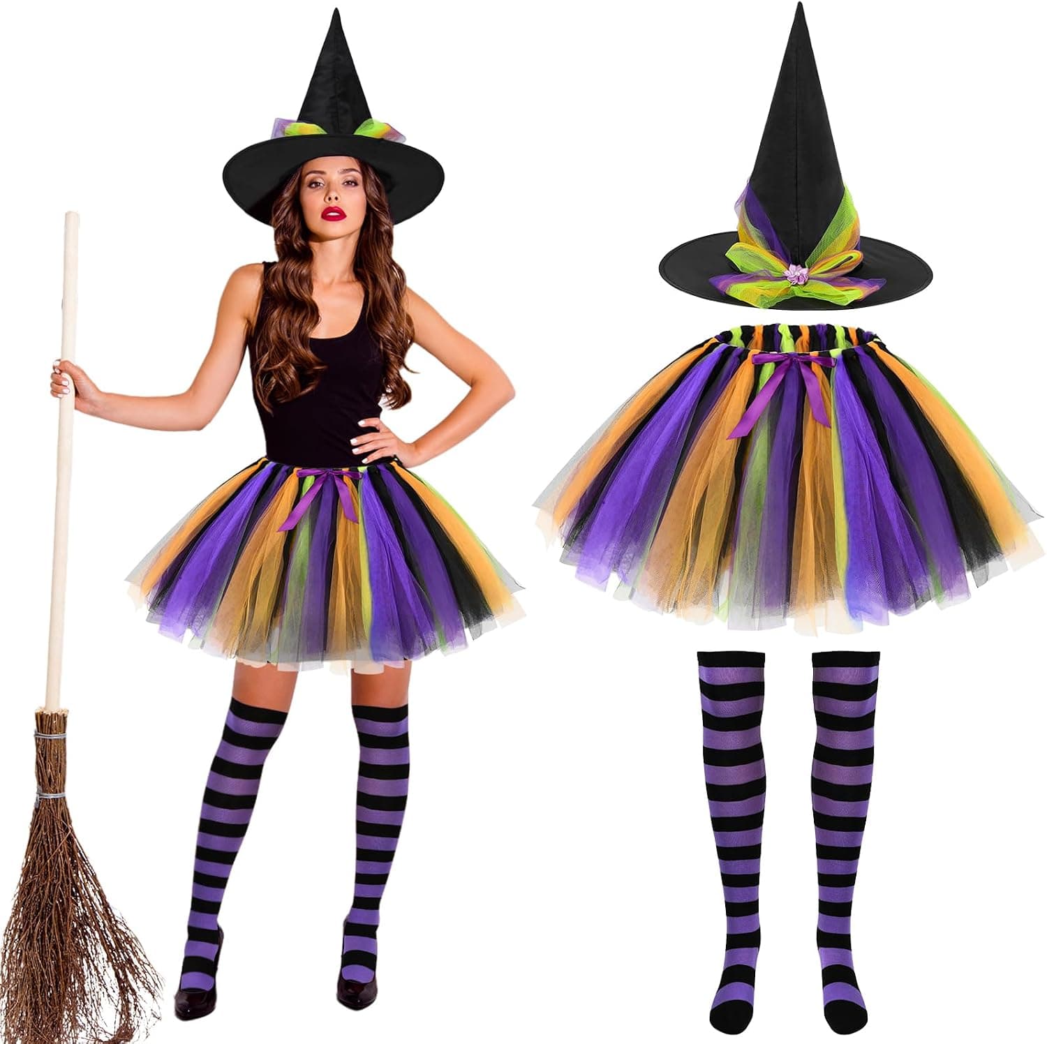 Disfraz Bruja Mujer,Neon Falda Tutú Gorro Bruja y Medias Disfraces Halloween Witch Costume Adulto Disfraces Carnaval Cosplay