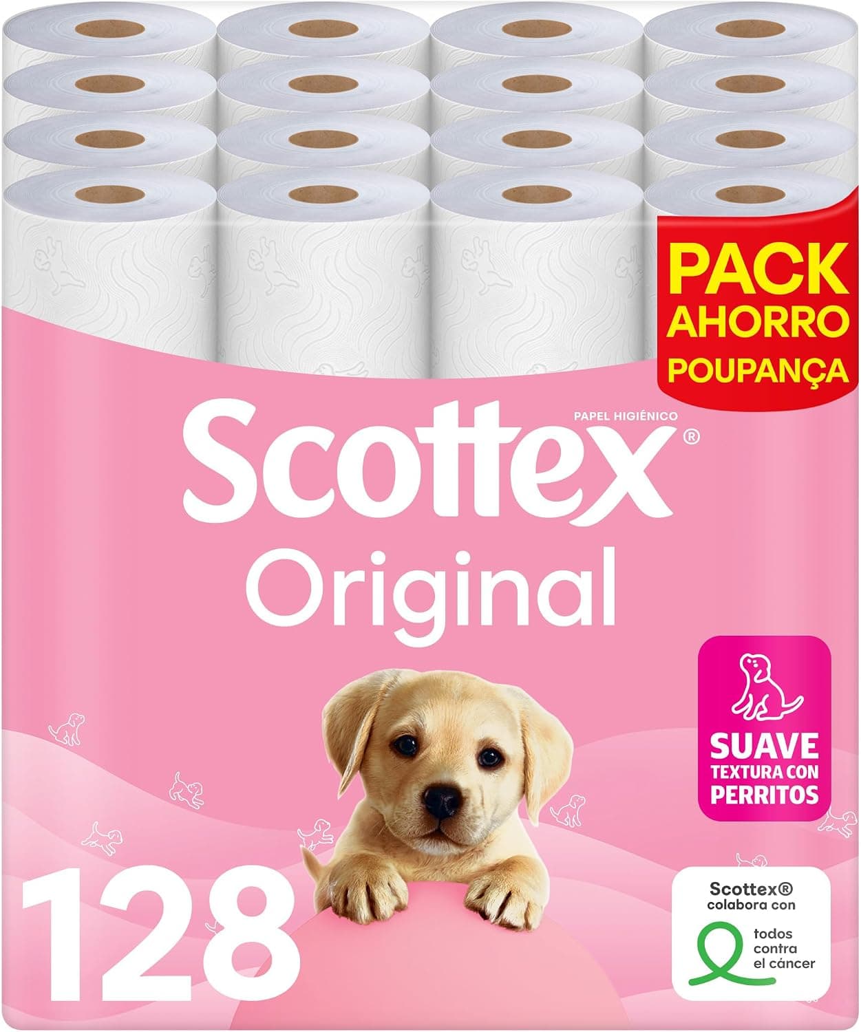 Scottex Original Papel higiénico, 128 rollos, 4 packs de 32 rollos dos capas que proporcionan el equilibro adecuado en suavidad y resistencia