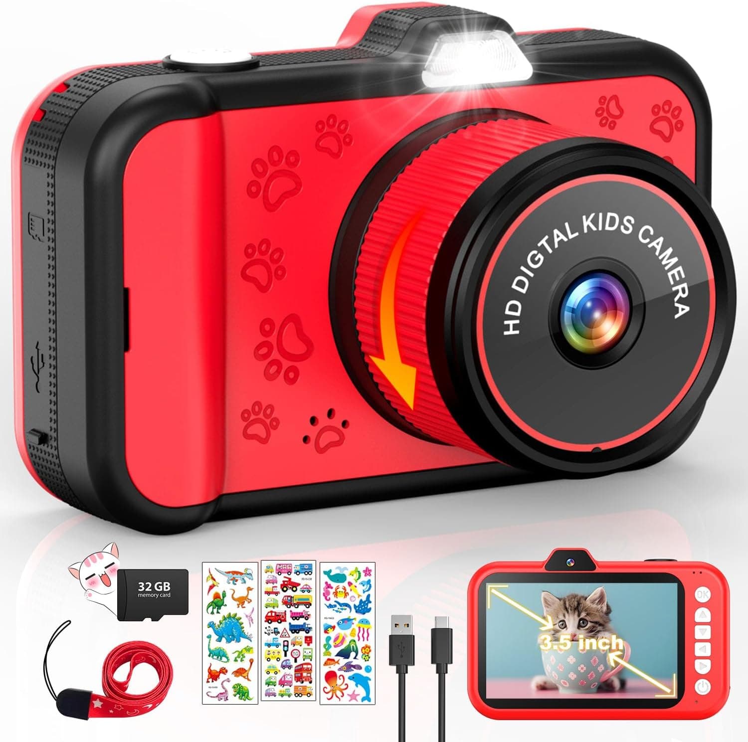 Camara Fotos Infantil, Pantalla Grande 3,5", Zoom Giratorio 360°, Camara Digital Video Niños 1080P HD con Selfie, Flash LED, Tarjeta SD 32G, Regalo para niñas y niños 3 4 5 6 7 8 9 10 11 12 años(Rojo)