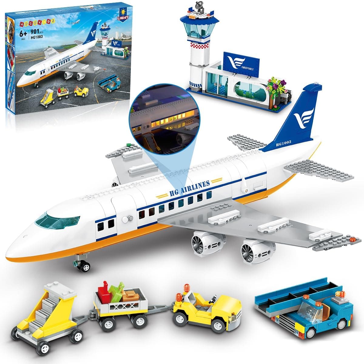 HOGOKIDS Juego de construcción de avión de pasajeros Urbano con luz LED, 901 Piezas de Bloques de construcción de avión con Terminal, Torre de Radar, Remolque de Equipaje, Regalos para niños Adultos