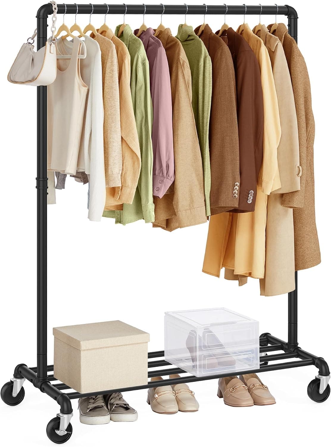 SONGMICS Burro Ropa, Perchero Burro con Ruedas, Capacidad de Carga de 90 kg, Perchero con Barra para Colgar, Estante de Almacenamiento, Estilo Industrial, Negro HSR61BK.