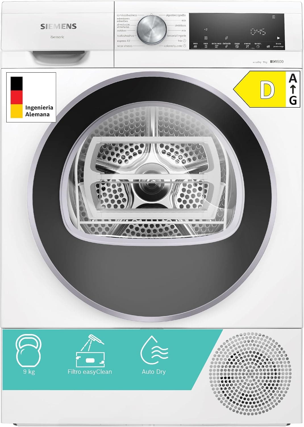 Siemens - Secadora con bomba de calor, 9 kg, iQ500, autoDry, Media carga, Blanco, WQ42G200ES