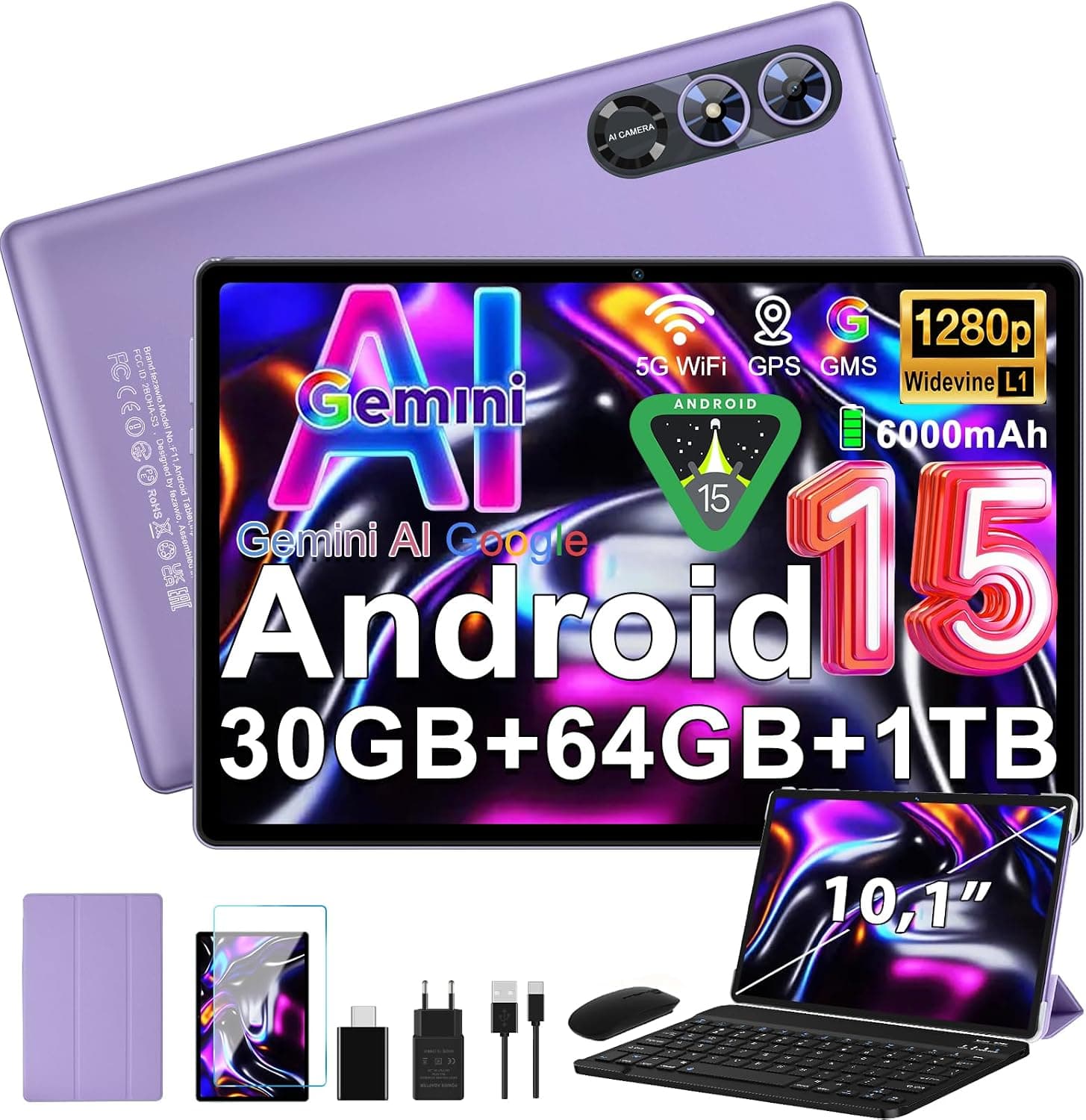 Tablet 10,1 pulgadas Android 15 tableta Gemini AI, 30+64GB+(1GB TF),Morado