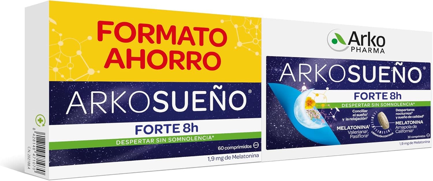 Arkopharma Arkosueño Forte 8h de Sueño FORMATO AHORRO, Liberación de Melatonina 1,9mg en 2 fases, Despertares nocturnos, Dormir Rápidamente, Complemento Alimenticio