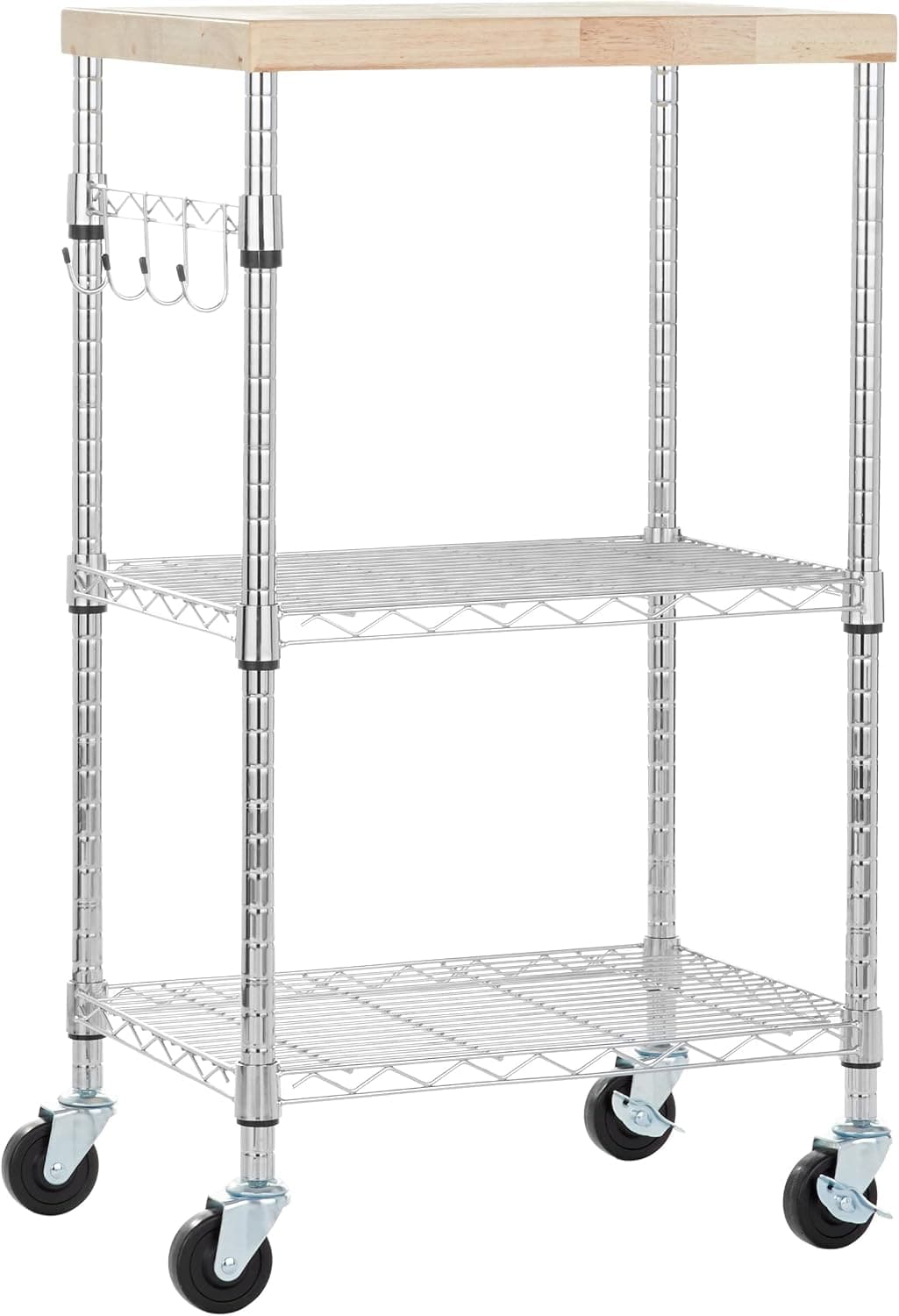 Amazon Basics 3 Niveles Carrito con Ruedas para microondas, 53.34cm x 38.1cm x 93.22cm (LxWxH), Madera/Cromado, 2 baldas