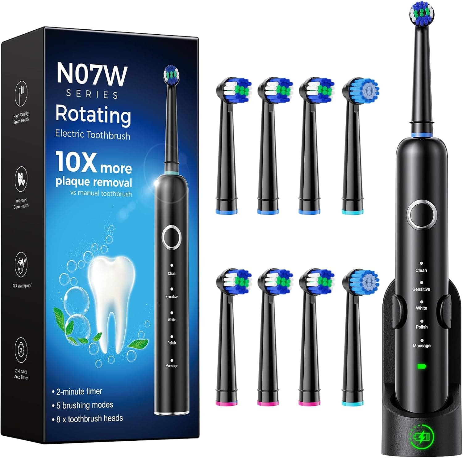 Cepillo de Dientes Eléctrico de Rotación para Adultos Niños, Negro