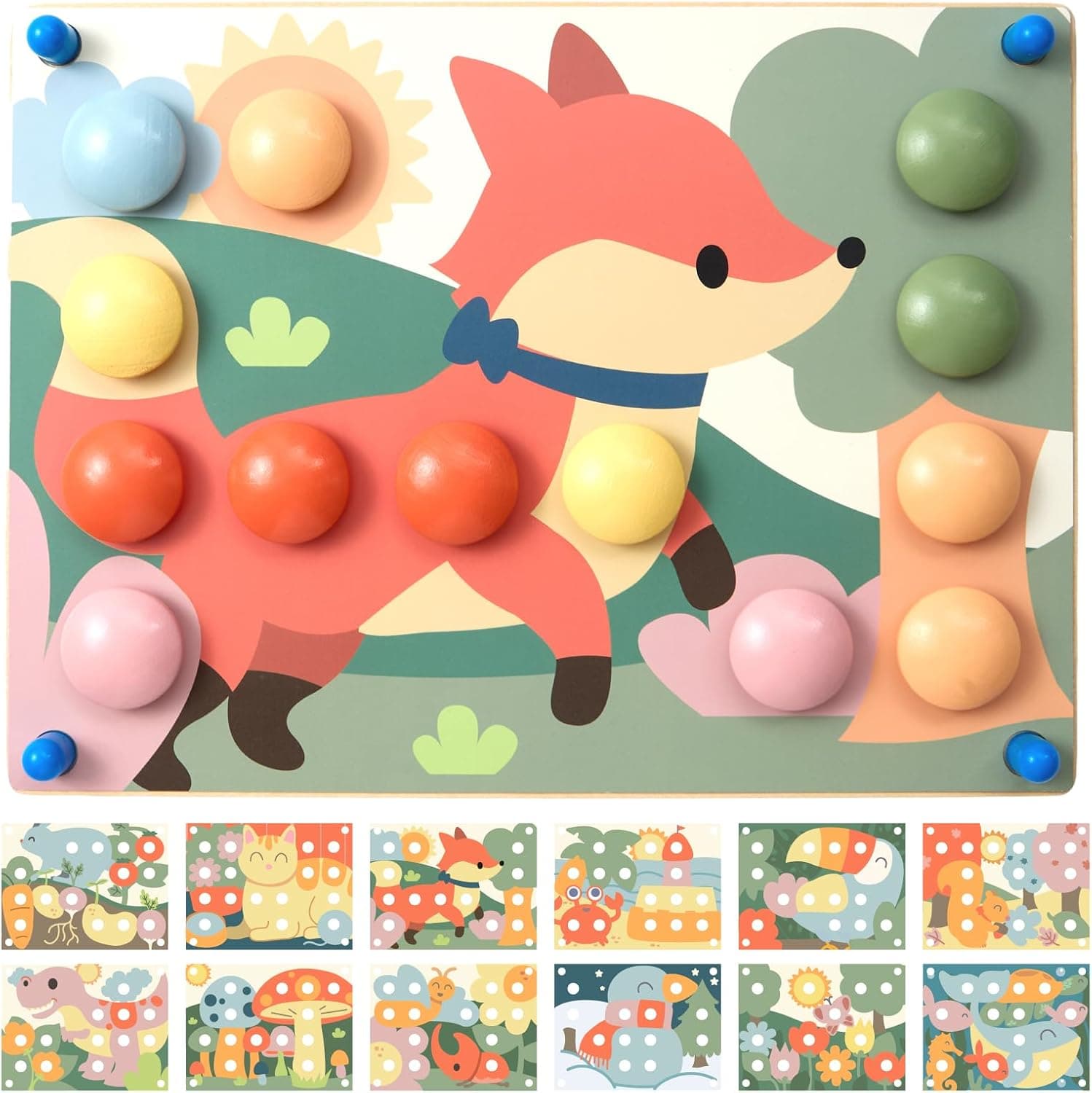 Nene Toys Puzzle de Madera Montessori Niños 2+ Años - Tablero de Botones Colores Pastel, Juego Educativo para Encajar y Aprender Colores – Motricidad Fina (24 Piezas, 12 Tarjetas) – Regalo 2-3 Años