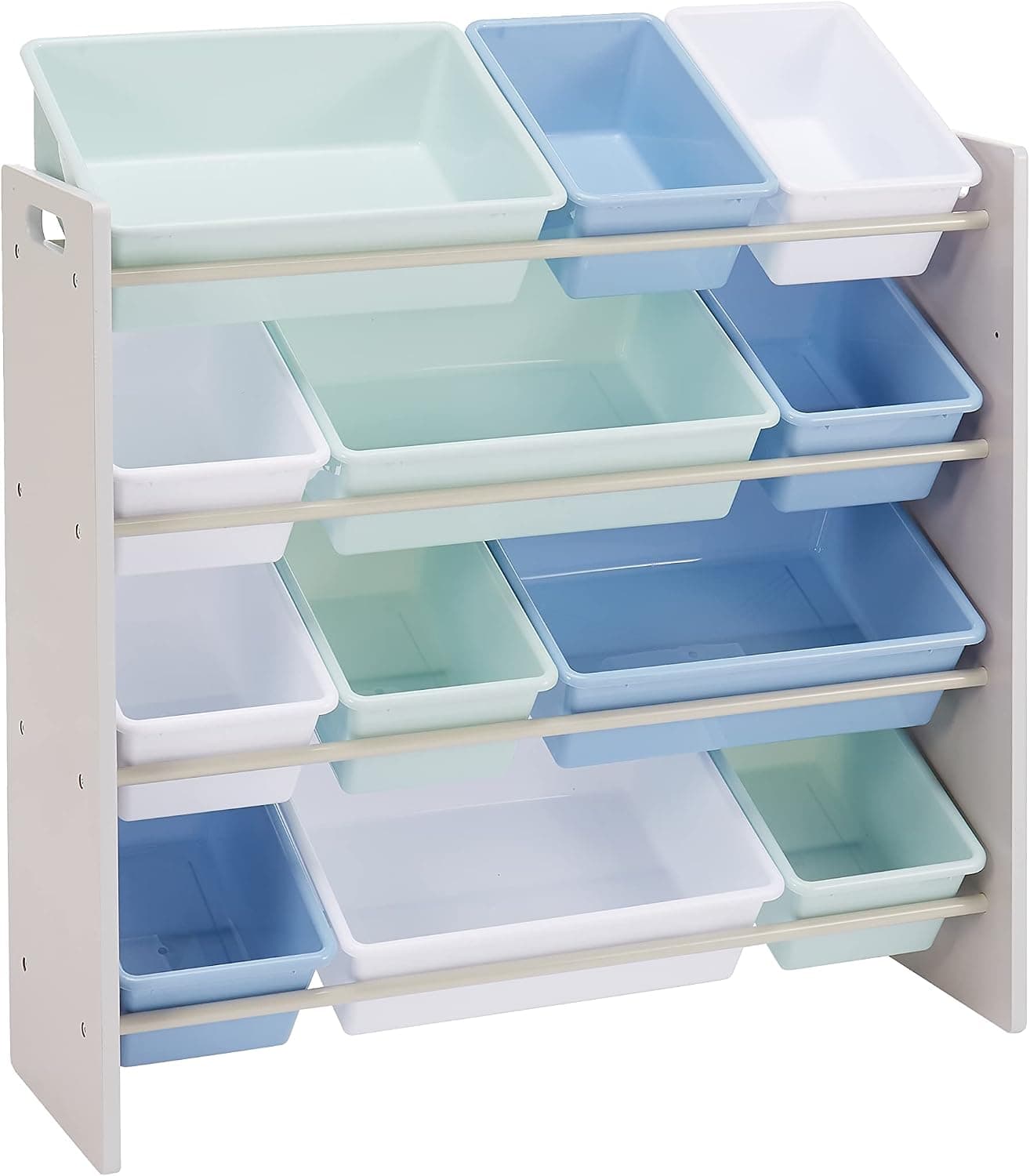 Amazon Basics Kids Toy Storage Organizer with 12 Plastic Bins - Grey Wood with Blue Bins