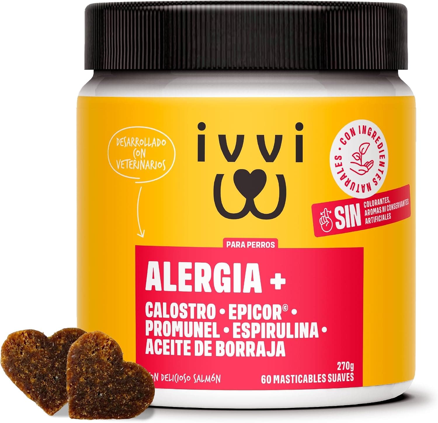 ivvi Allergy Immunity para perros – contra las alergias y picazón y para fortalecer el sistema inmunológico - 60 deliciosos snacks (270g) con salmón